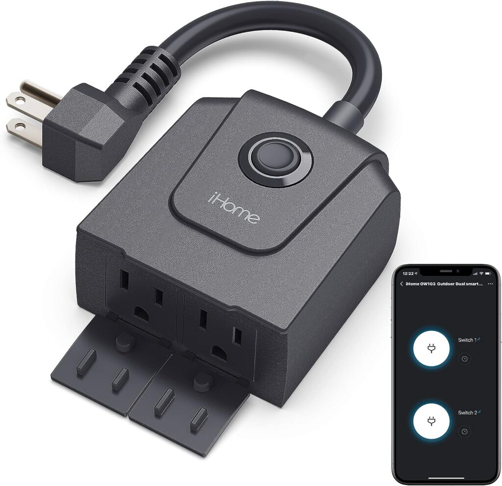 iHome Flow Outdoor Smart Plug with Dual Sockets, Weatherproof IPX3 WiFi Plug with 2 Individually Controlled Smart Outlets, Works with Alexa  Google Home Voice Activation