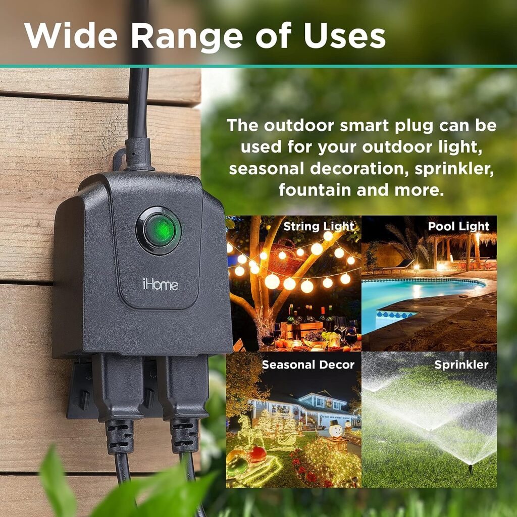 iHome Flow Outdoor Smart Plug with Dual Sockets, Weatherproof IPX3 WiFi Plug with 2 Individually Controlled Smart Outlets, Works with Alexa  Google Home Voice Activation