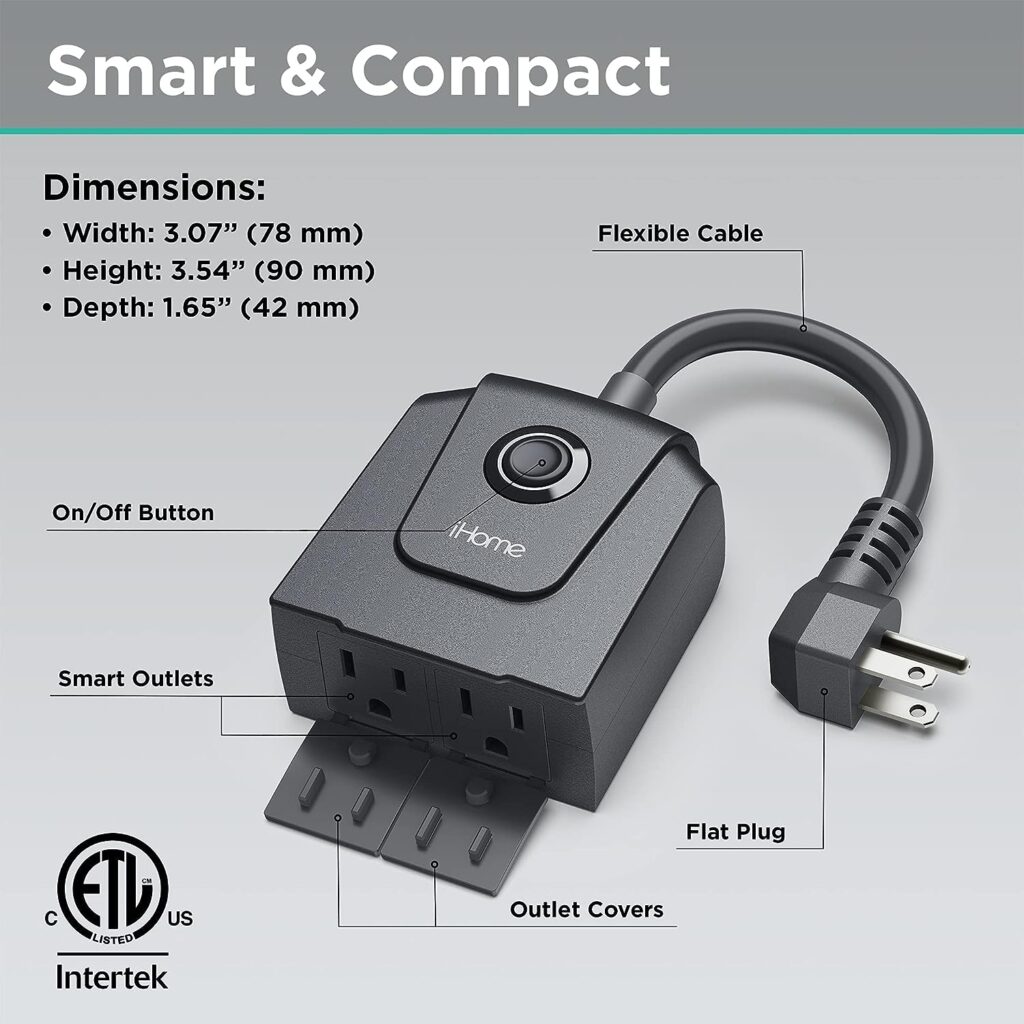 iHome Flow Outdoor Smart Plug with Dual Sockets, Weatherproof IPX3 WiFi Plug with 2 Individually Controlled Smart Outlets, Works with Alexa  Google Home Voice Activation