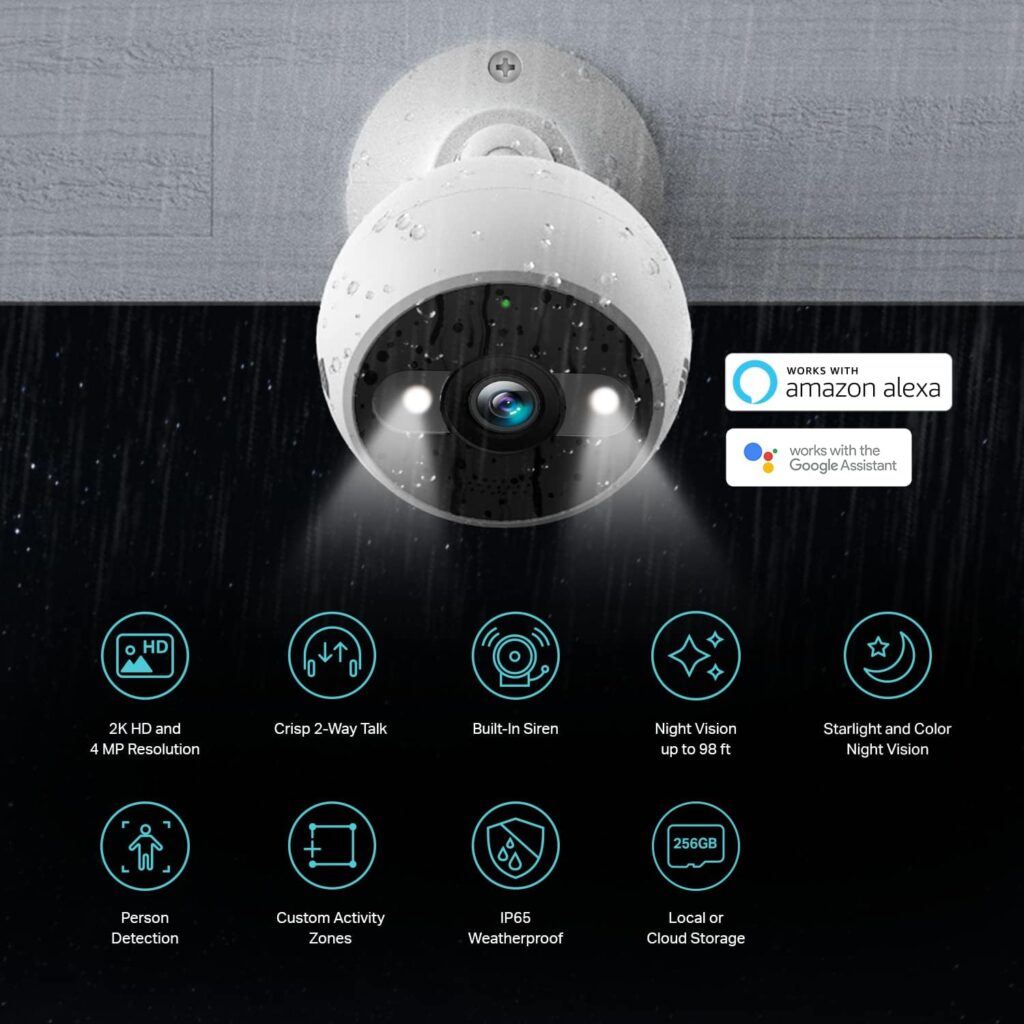 Kasa 4MP 2K Security Camera Outdoor Wired, IP65, Starlight Sensor  98 Ft Night Vision, Motion/Person Detection, 2-Way Audio w/Siren, Cloud/SD Card Storage, Alexa Google Assistant Compatible(KC420WS)