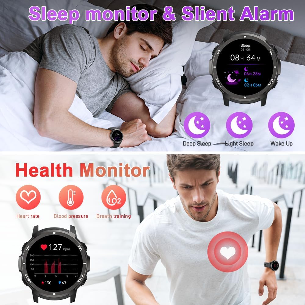 Basznrty Smart Watch for Men Fitness: (Make/Answer Call) Bluetooth Military Smartwatch for Android iPhone Phones Waterproof Outdoor Tactical Digital Sport Run Watches Tracker Sleep Heart Rate Monitor