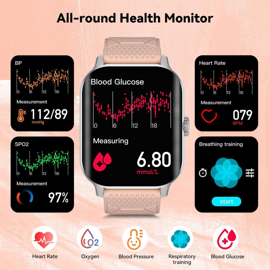 Blood Glucose Smart Watch for Women (Make/Answer call) Blood Glucose Monitoring Watch with Blood Pressure Heart Rate 100+ Sports Modes Blood Sugar Test Smartwatch for Android Phones with Step Counter