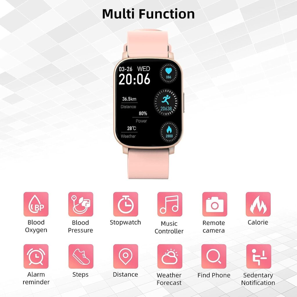 Cuszwee Smartwatch for Android and iPhone - 1.69 HD Screen, IP68 Waterproof, Heart Rate Monitor, Sleep Tracker, Fitness Tracker, 24 Sports Modes, Long Battery Life (Pink)