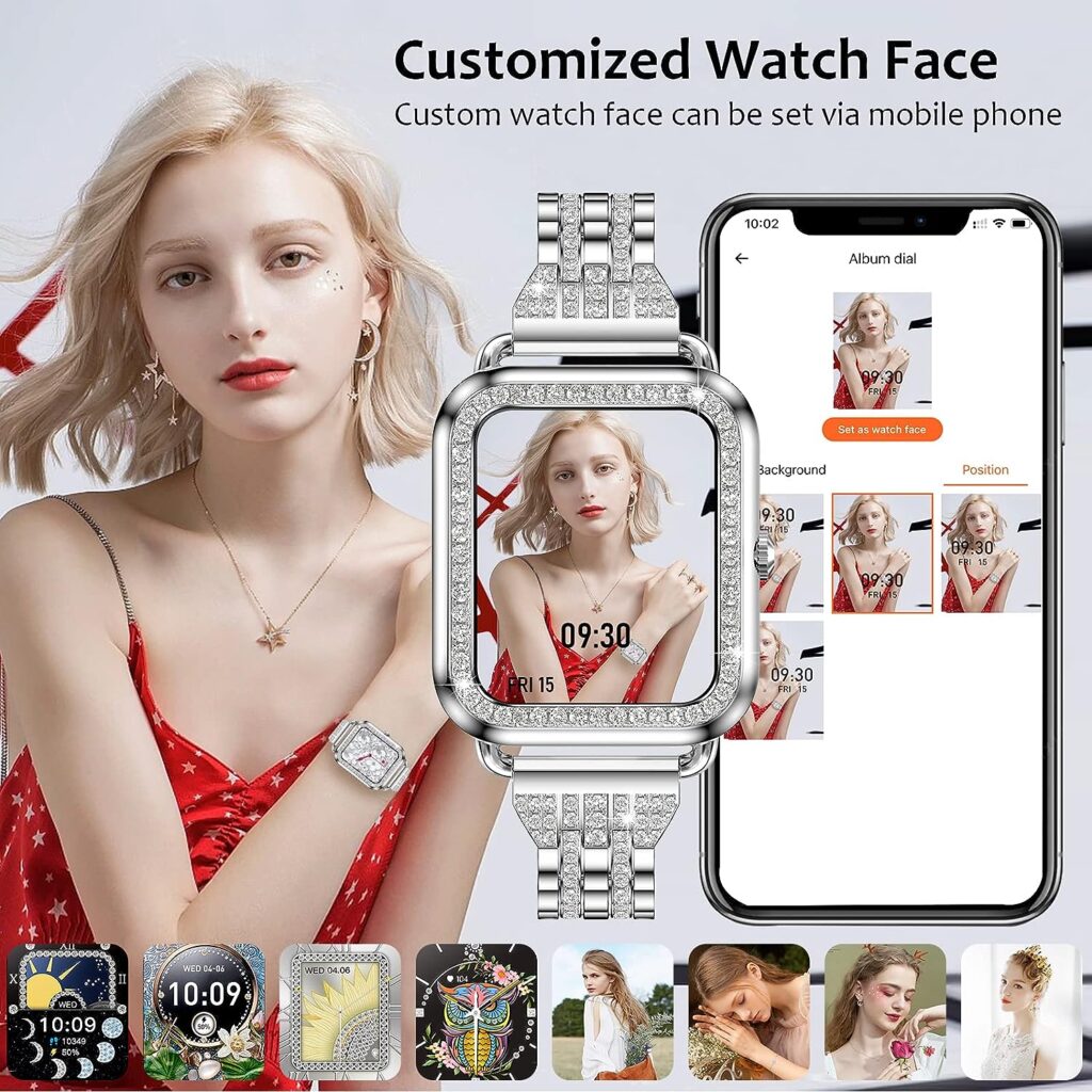 Efolen Small Smart Watch for Women with Diamonds (Answer/Make Call) - 1.57 HD Screen Bluetooth Smartwatch for Android iOS, Waterproof Fitness Watch with Heart Rate/SpO2/Sleep/BP/AI Voice (Silver)