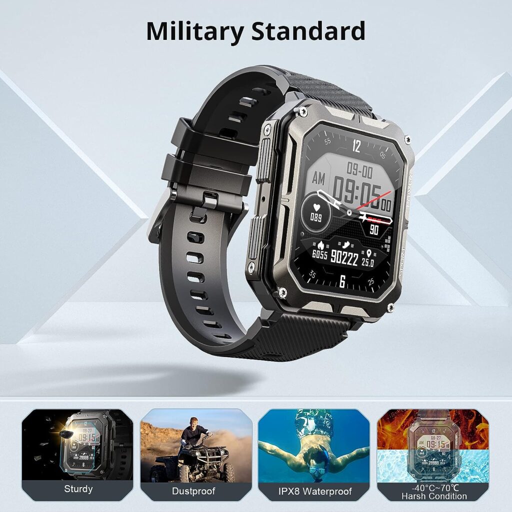 Military Smart Watch for Men -Bluetooth Call(Answer/Dial Calls), IP68 Waterproof Outdoor Tactical Rugged Smartwatch, 1.83 HD Fitness Tracker Watch with Heart Rate Sleep Monitor for IOS Android Phone