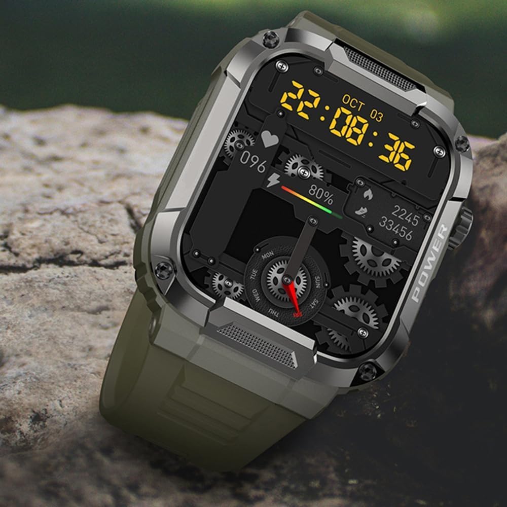 Military Smartwatch with Bluetooth Call, Waterproof Smart Sport Watches Rugged Outdoor Mens Watch for iPhone Android Smartwatch with HR Monitor (Black)