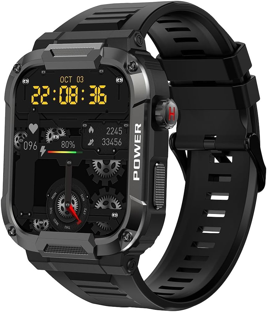 Military Smartwatch with Bluetooth Call, Waterproof Smart Sport Watches Rugged Outdoor Mens Watch for iPhone Android Smartwatch with HR Monitor (Black)