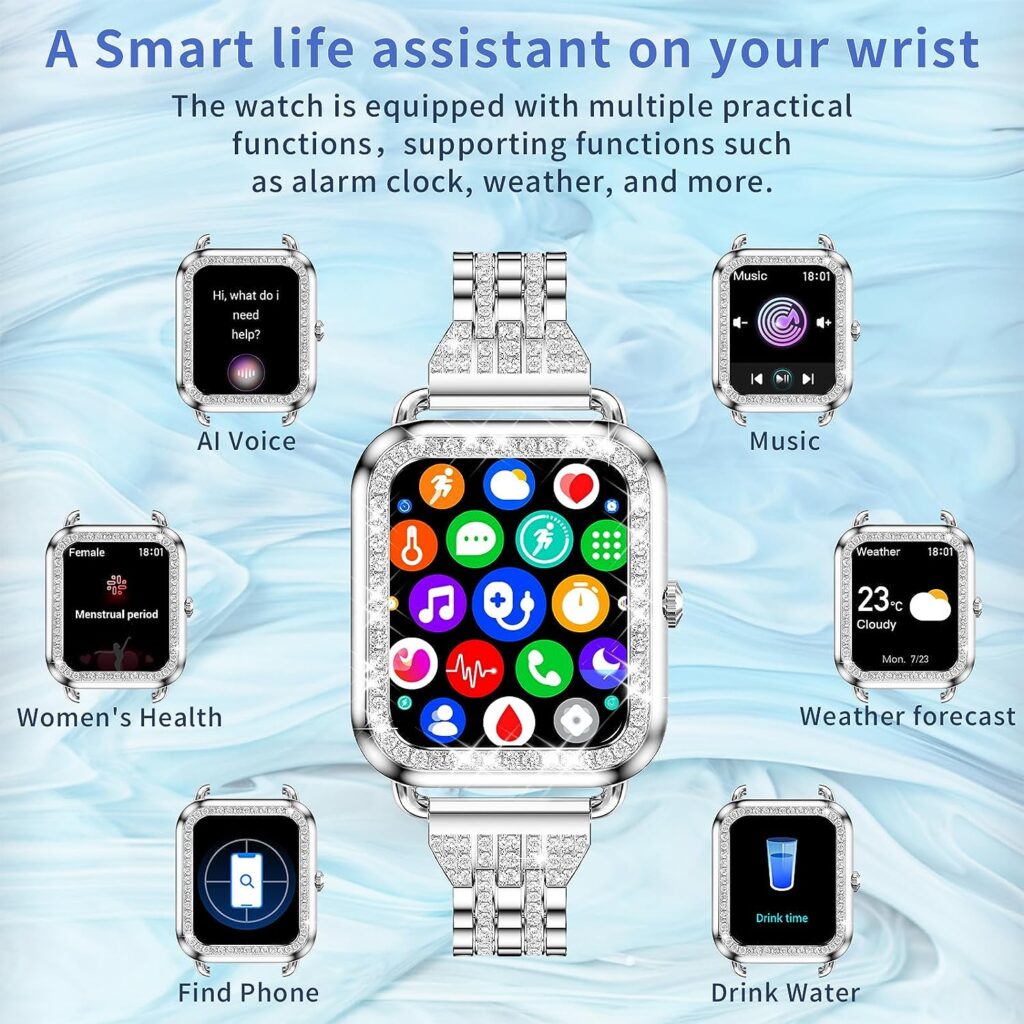 Smart Watch for Women Diamonds(Answer/Make Call),1.29HD Touch Screen Smart Watch Android,Fitness Tracker with Heart Rate/Blood Oxygen/Sleep Monitor,Waterproof Smartwatch 3 Strap (Diamond Silver)