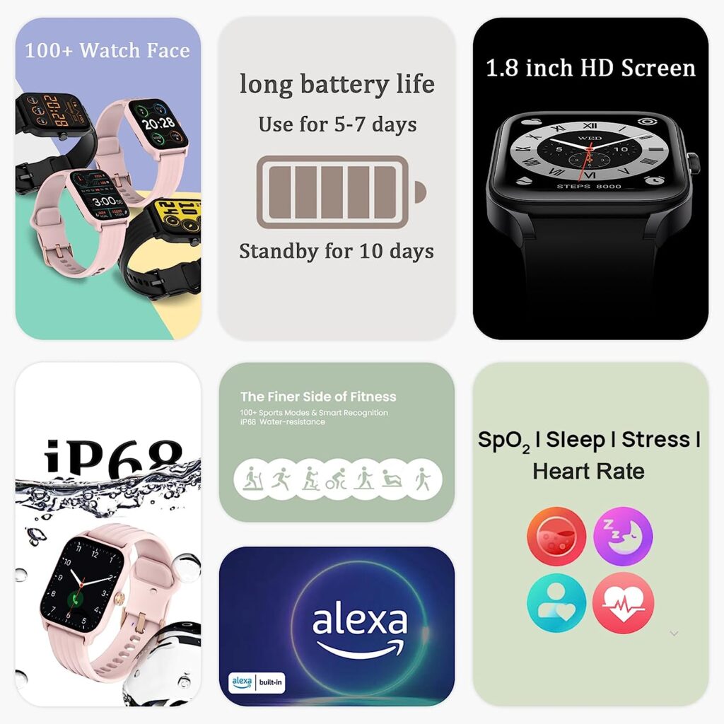 Smart Watch for Women Men - Answer  Make Calls, Alexa Build-in, Blood Oxygen (SpO2) 1.8 inch HD Screen iP68 Waterproof, Heart Rate Sleep Monitor, Fitness Tracker Compatible with Android and iOS Phone