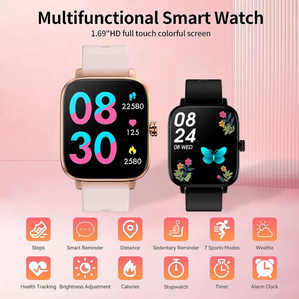 Smart Watch, Luoba 1.69 Full Touch Answer/Make Call Women Smartwatch for Android Phones Fitness Tracker with Heart Rate Sleep Monitor Calorie Step Counter Sports Fitness Watch for Android iOS, Pink