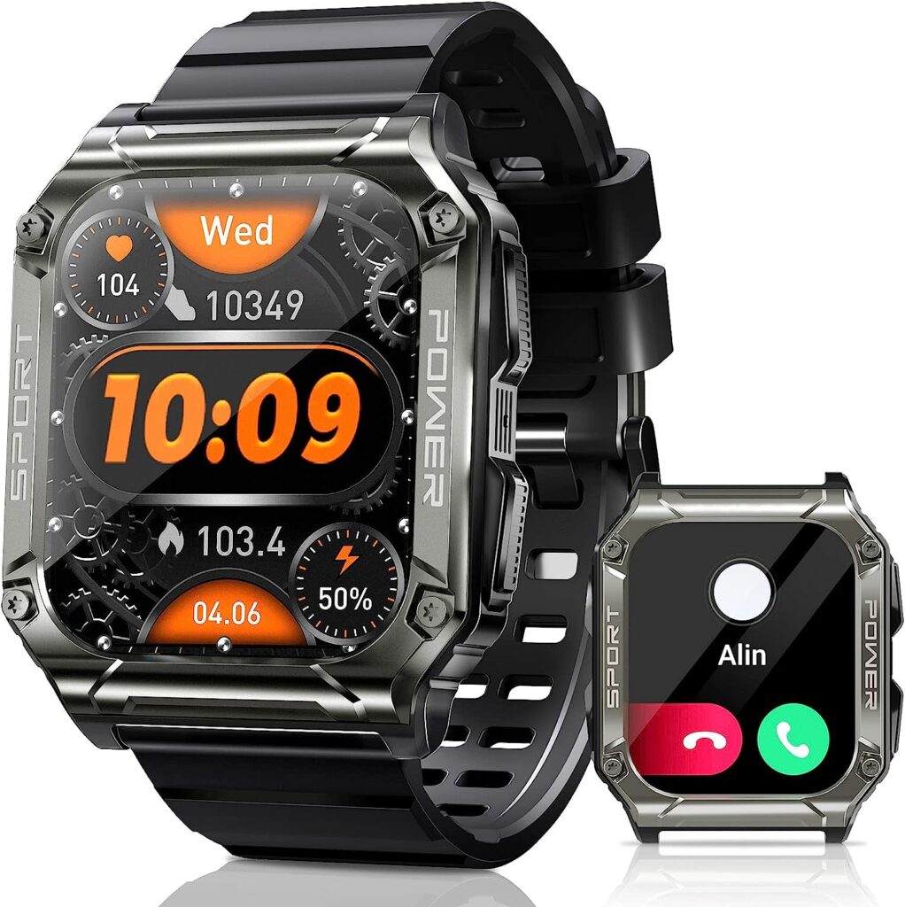 Smart Watch-Military Smart Watches for Men, 2 Military Watch with Bluetooth Call IP69 Waterproof Smart Watches Rugged Outdoor Mens Watch for iPhone Android Smartwatch with Heart Rate Monitor