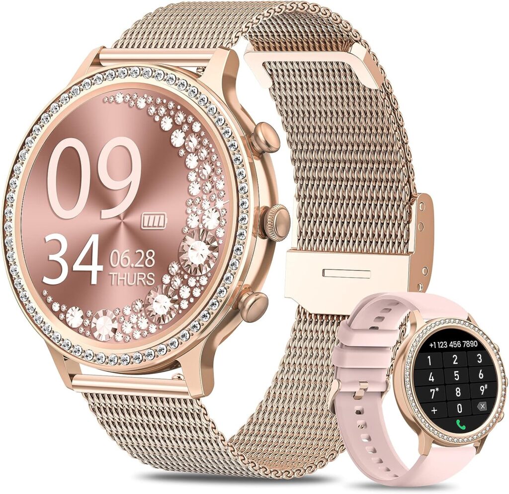 Smart Watches for Women with Diamonds (Answer/Make Call), 1.32 Bluetooth Smartwatch for Android Phones, Outdoor Sports Fitness Tracker with Heart Rate, Blood Oxygen, Sleep Monitor, Best Gifts Gold